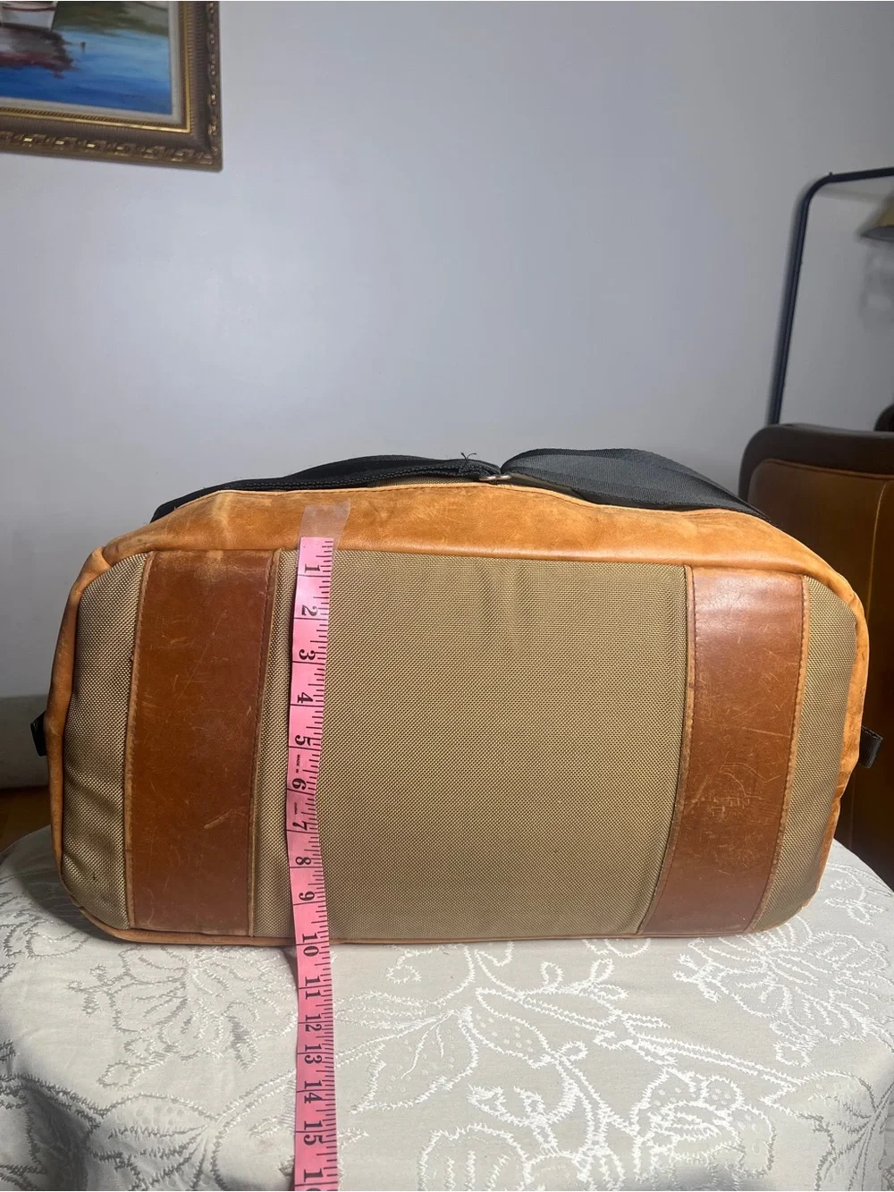 Vintage Athalon Khaki Canvas & Leather Trim Duffel Bag with Black Strap